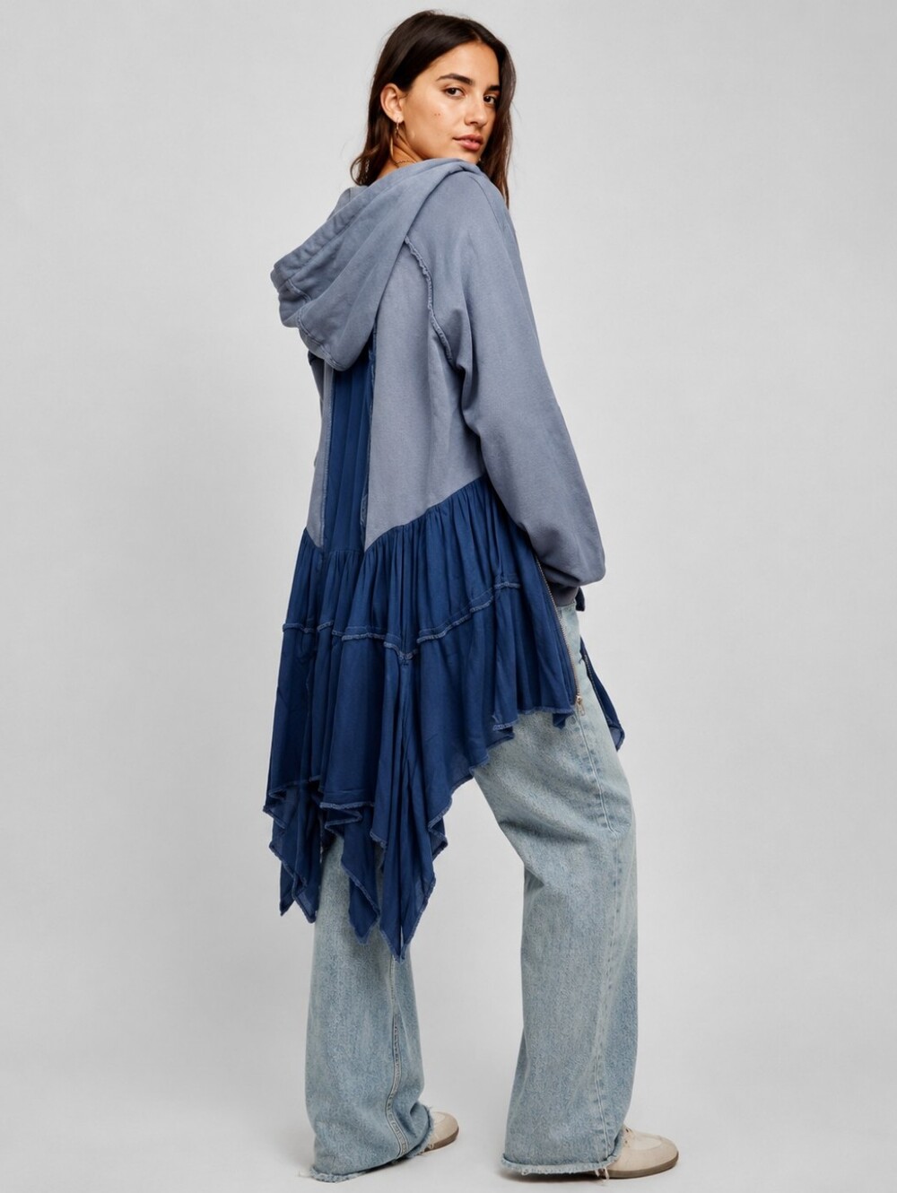 Free People Moon Dust Hooded Cardigan Washed Denim Oversized Medium Large XL